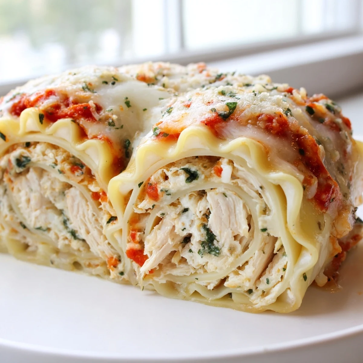 Creamy garlic Parmesan chicken lasagna roll ups smothered in rich cheesy white sauce