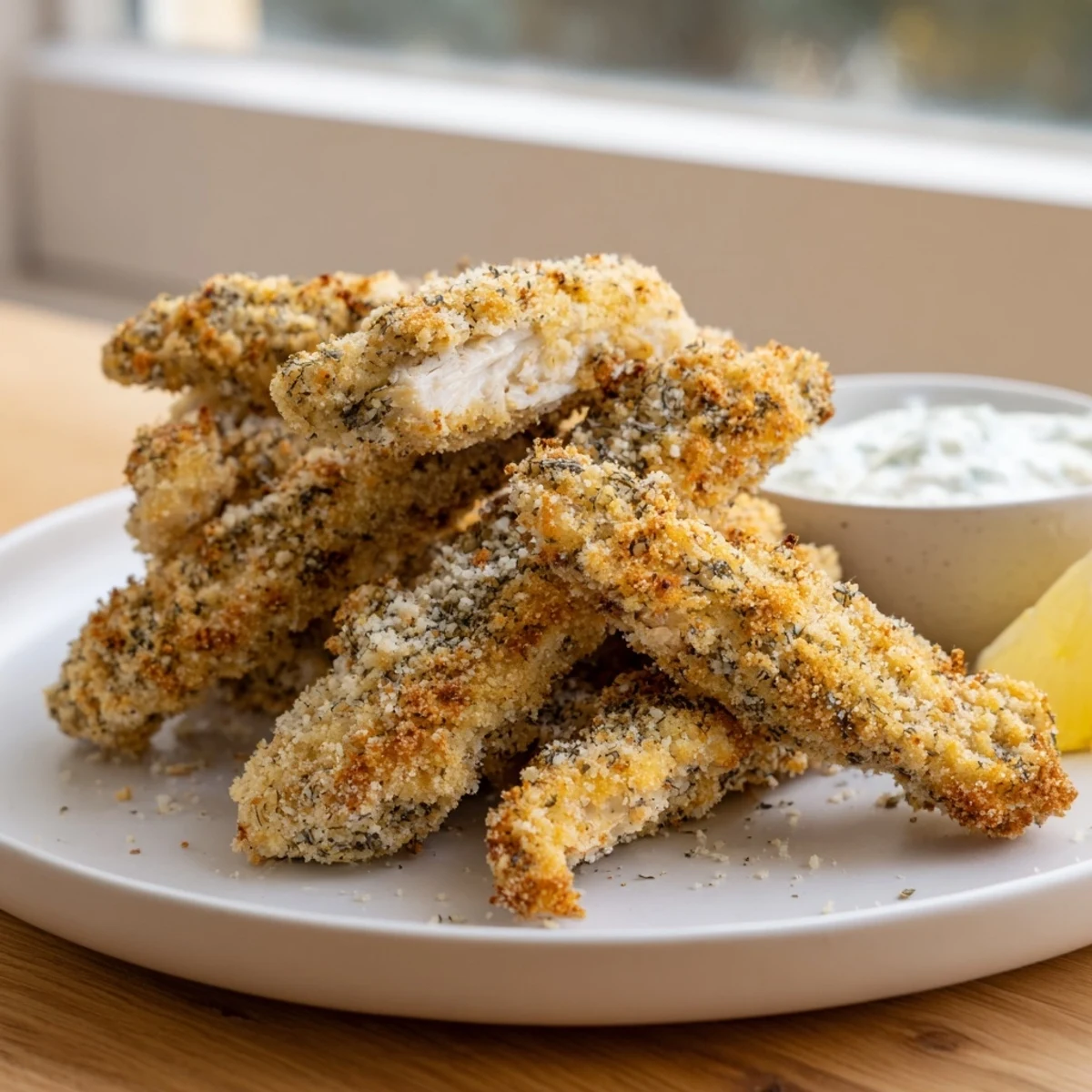 Golden crispy Greek chicken strips with herb-flecked panko crust on a rustic plate