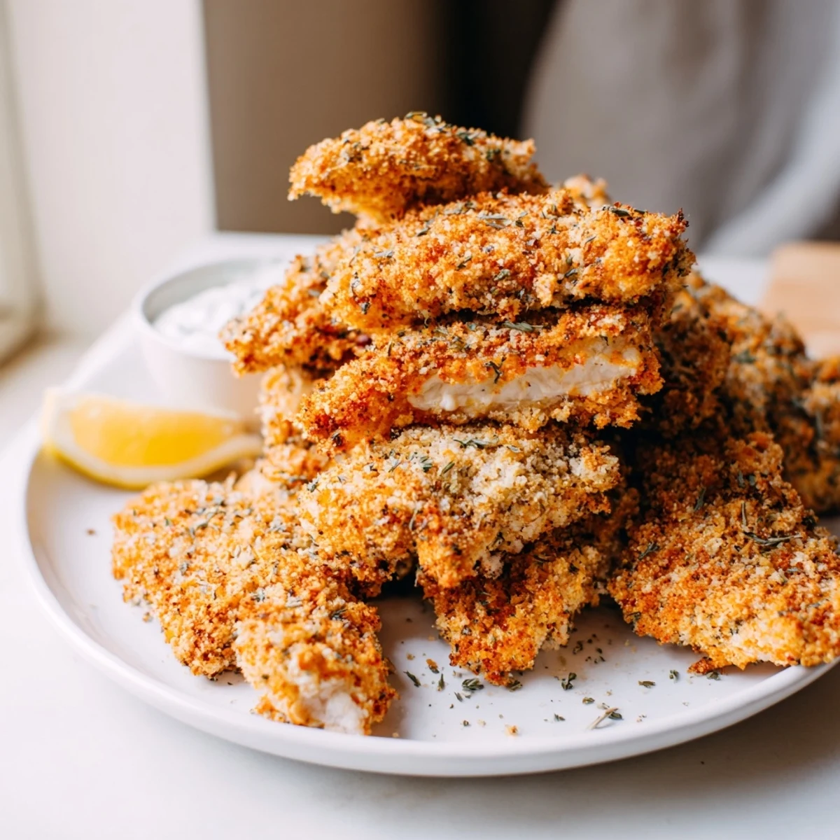 Crispy Greek chicken strips fresh from the skillet with a golden Parmesan crust