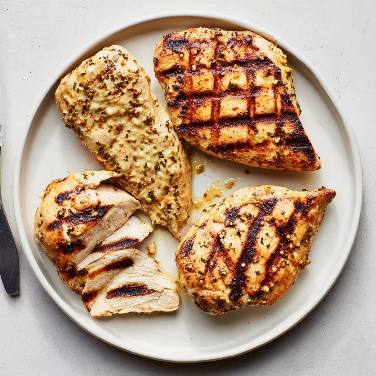 Perfectly grilled mayo marinated grilled chicken breasts served fresh off a sizzling hot grate