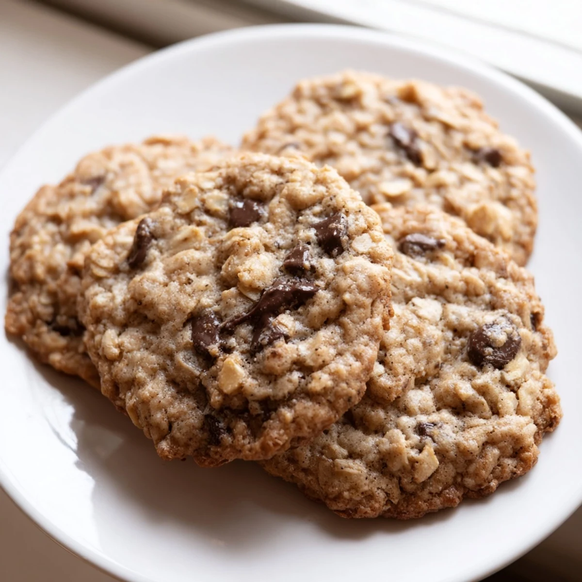 Golden banana oatmeal cookies with cracked tops cooling on a rustic wire rack