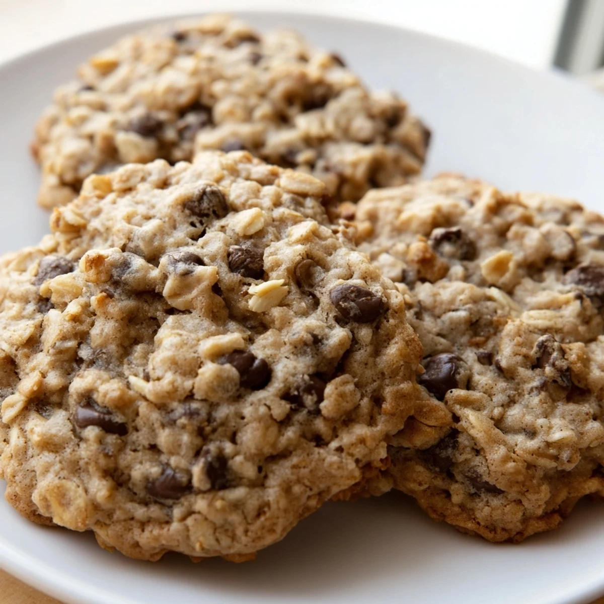Soft chewy banana oatmeal cookies stacked on a plate with scattered oats