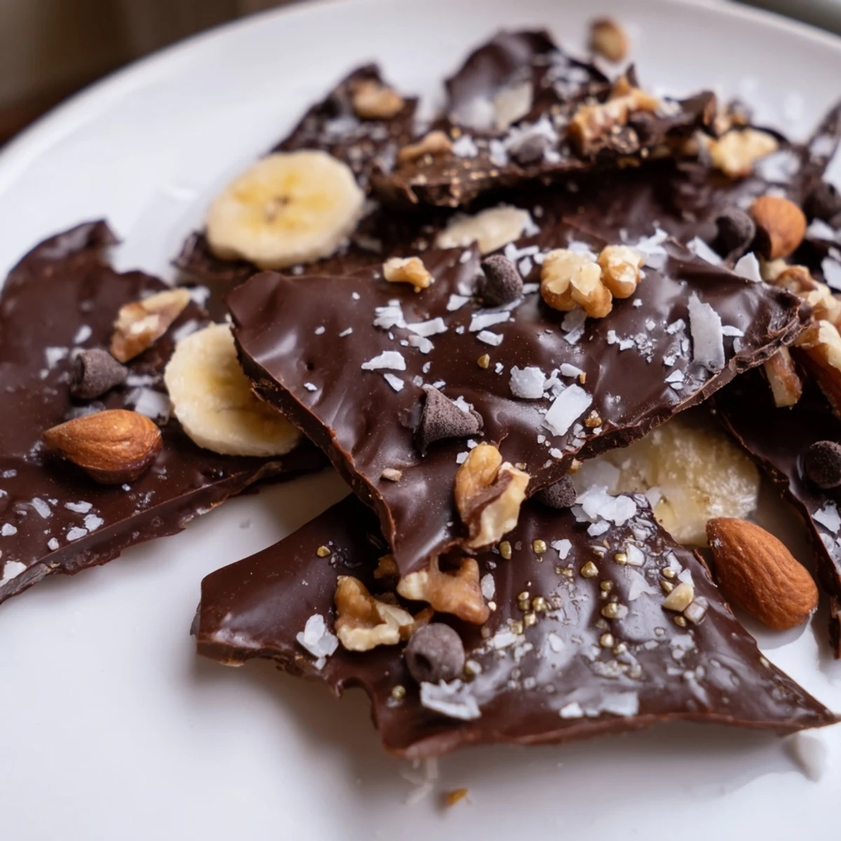 Rich chocolate banana bark topped with crunchy roasted nuts and flaky sea salt