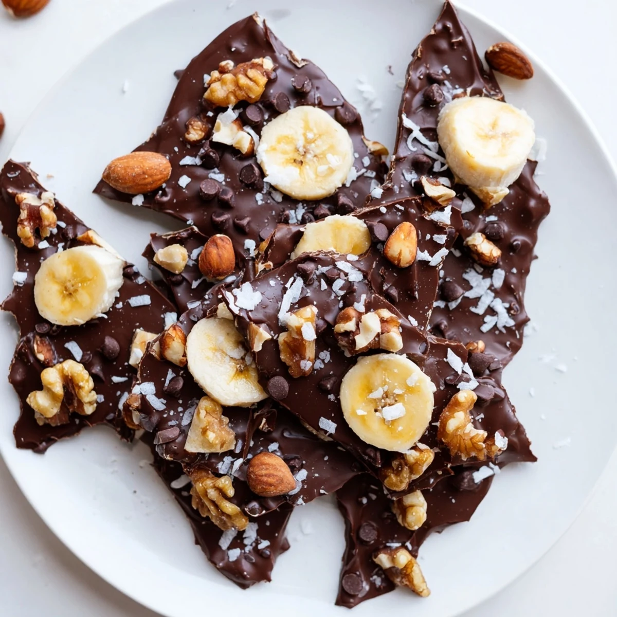 Glossy dark chocolate banana bark scattered with shredded coconut and mini chocolate chips