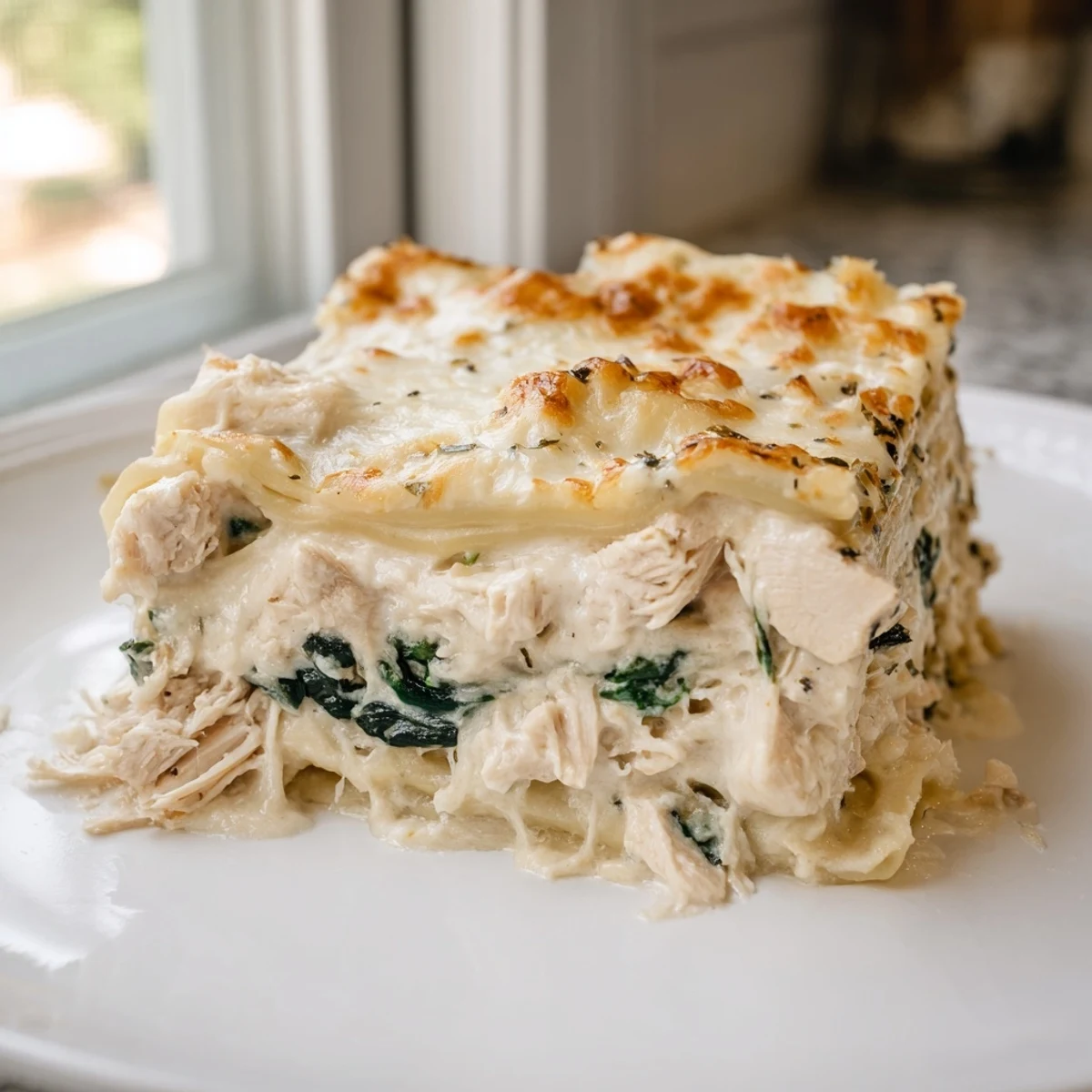 Creamy white chicken lasagna with golden bubbling cheese and tender spinach layers