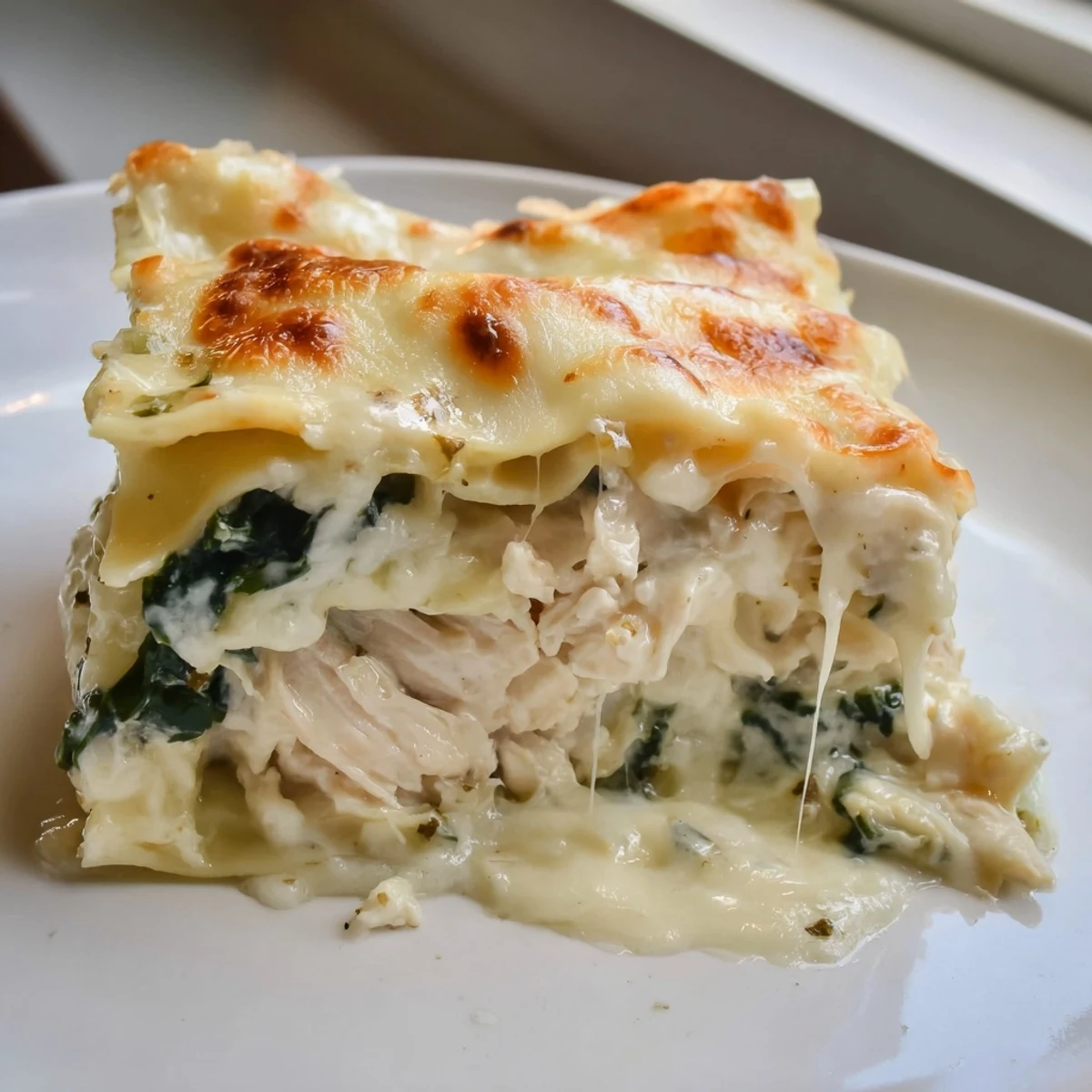White chicken lasagna sliced to reveal rich creamy sauce and melted mozzarella
