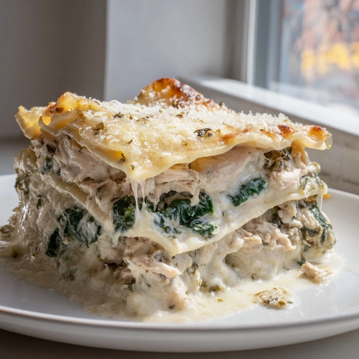 Baked white chicken lasagna topped with crispy Parmesan in a rustic baking dish