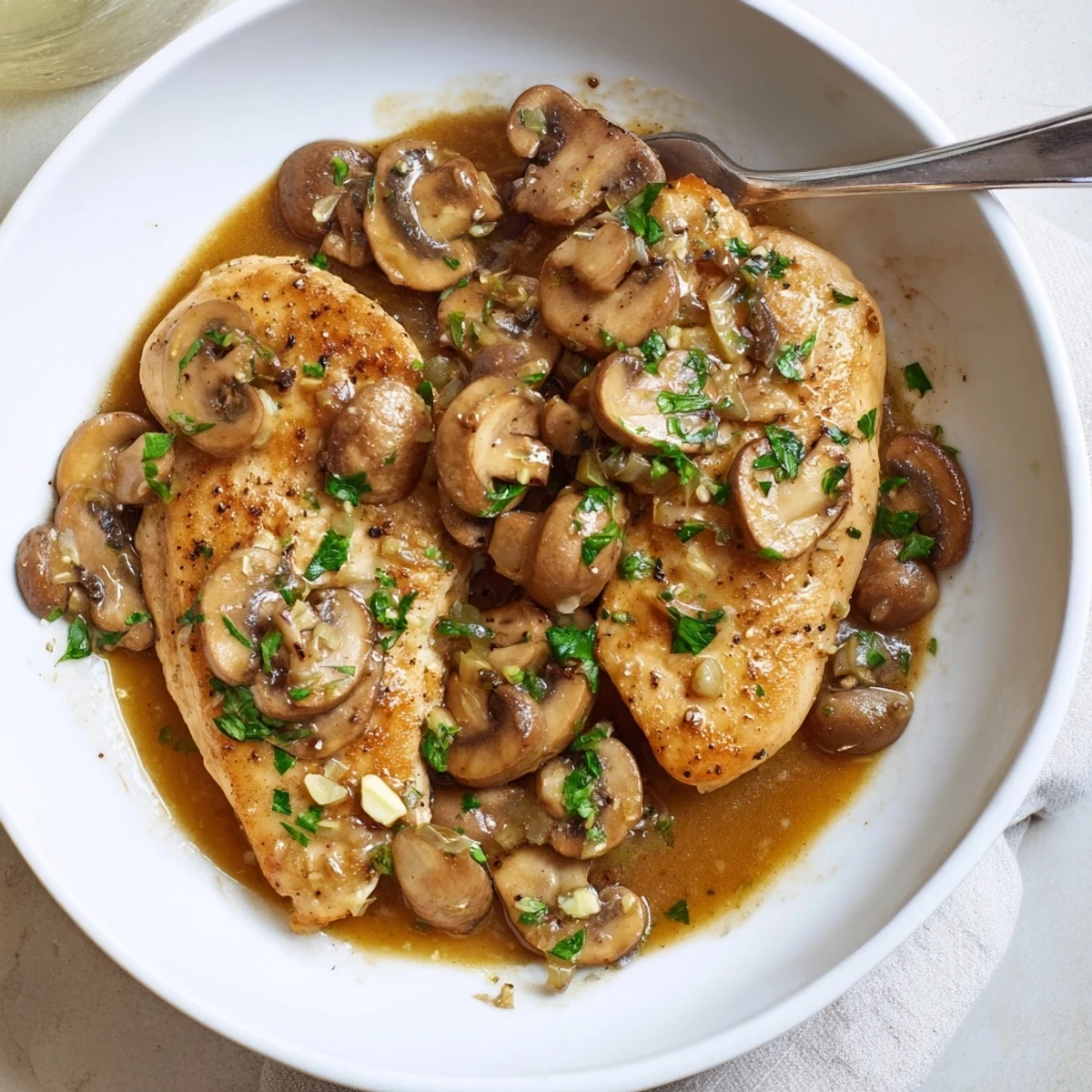Golden pan-seared dairy free chicken marsala smothered in rich mushroom wine sauce