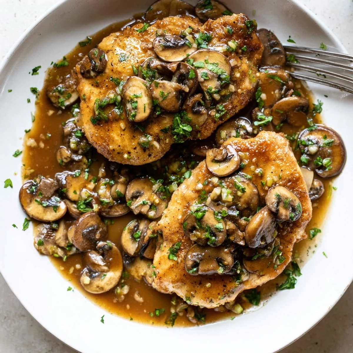 Creamy dairy free chicken marsala plated over pasta with fresh parsley garnish