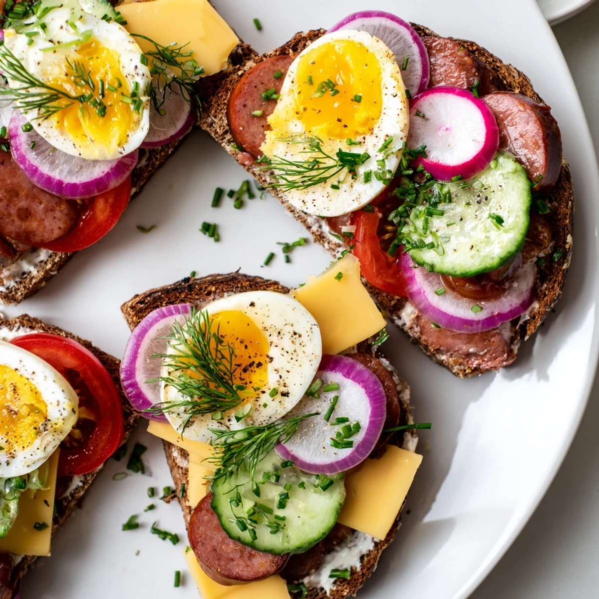 Open Faced Polish Sandwiches topped with kielbasa, radish, and fresh dill on rye