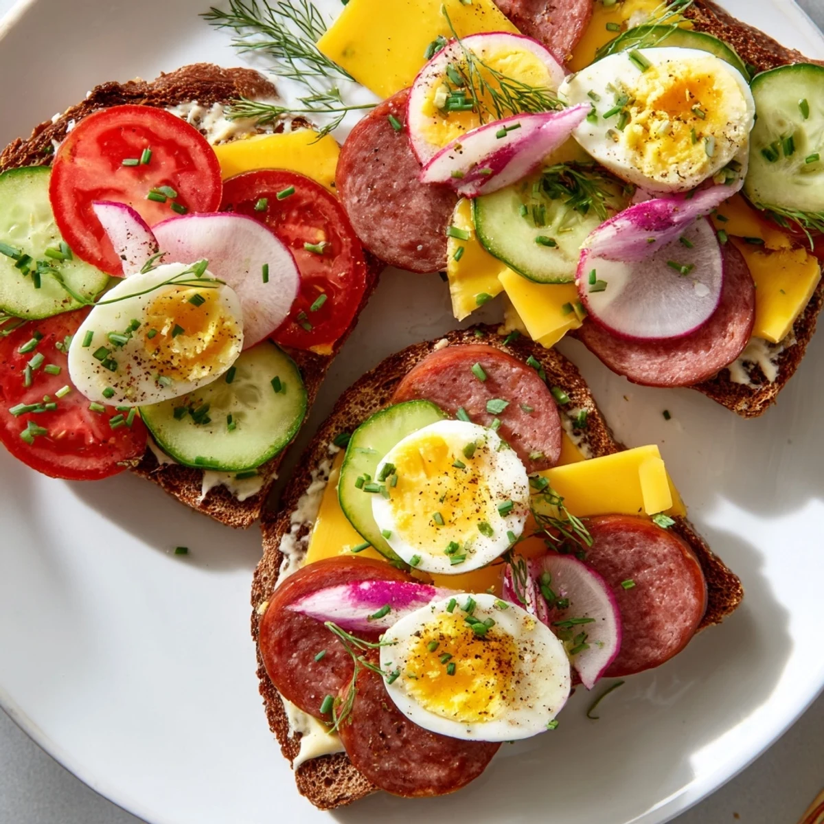 Crispy bread layered with egg, ham, and vibrant veggies for Open Faced Polish Sandwiches