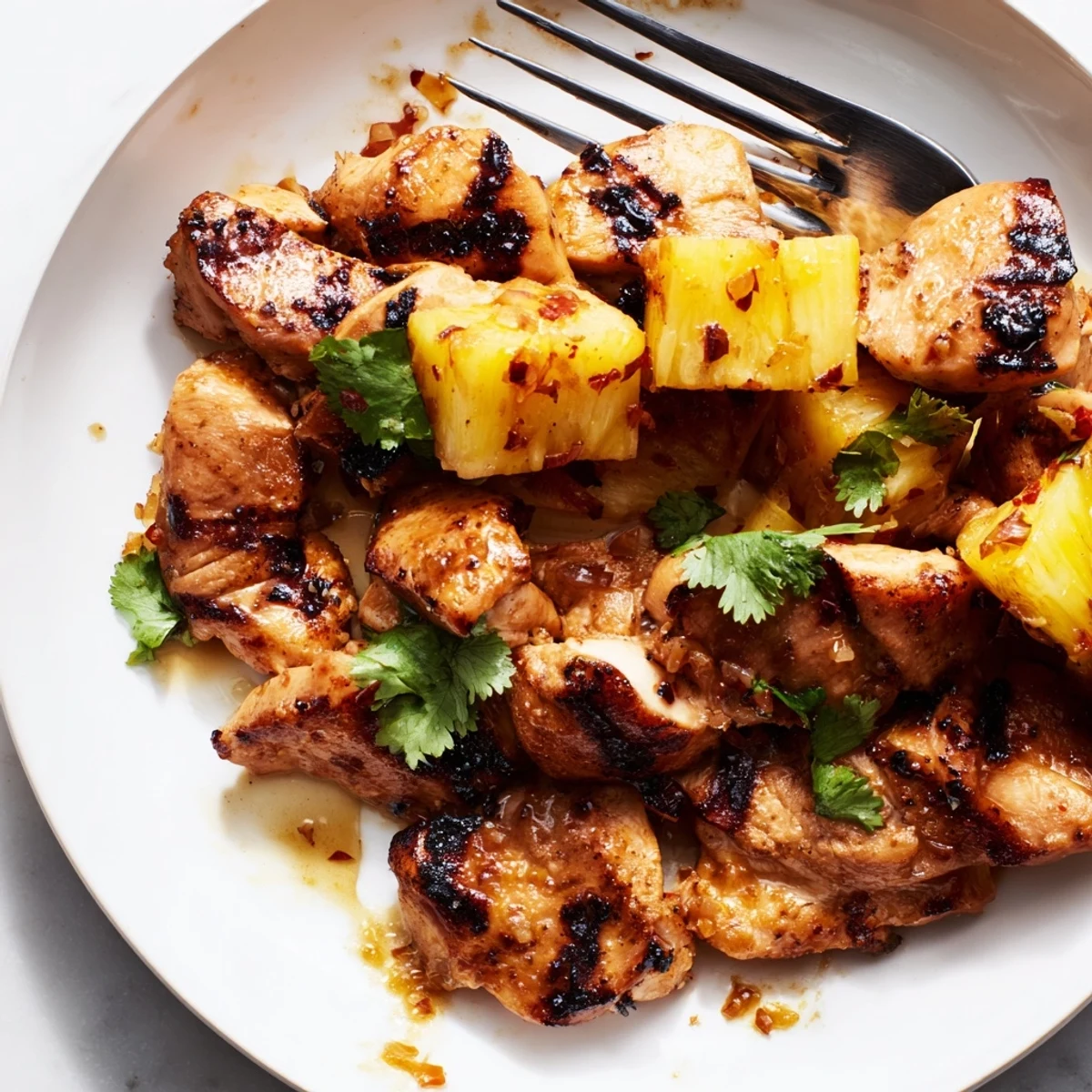 Juicy Chili Pineapple Grilled Chicken with charred marks and fresh lime wedges on a rustic platter