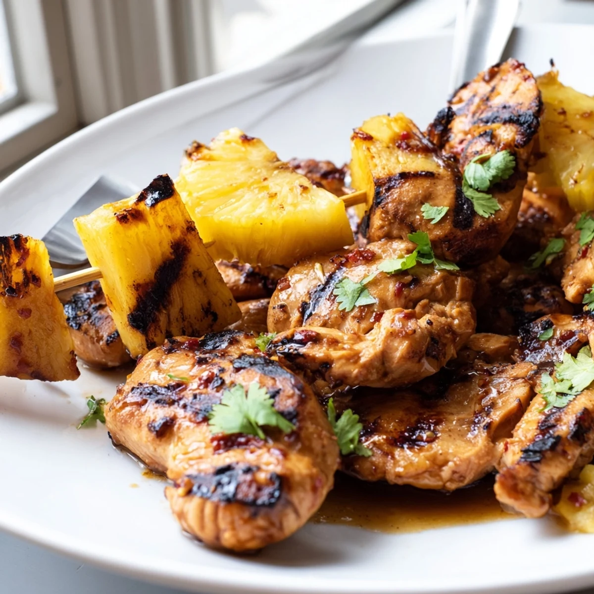 Tender sliced Chili Pineapple Grilled Chicken drizzled with sweet and spicy glaze, garnished with cilantro