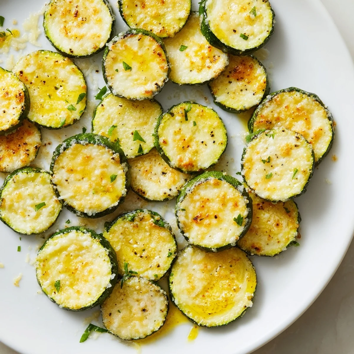 Golden Parmesan crusted lemon pepper zucchini slices fresh from the oven