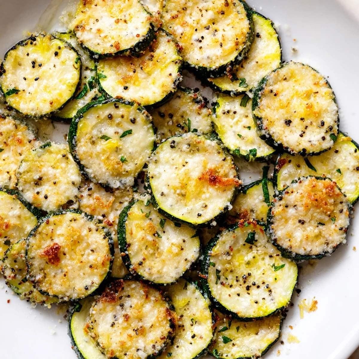 Bright lemon pepper zucchini garnished with parsley on a white serving plate