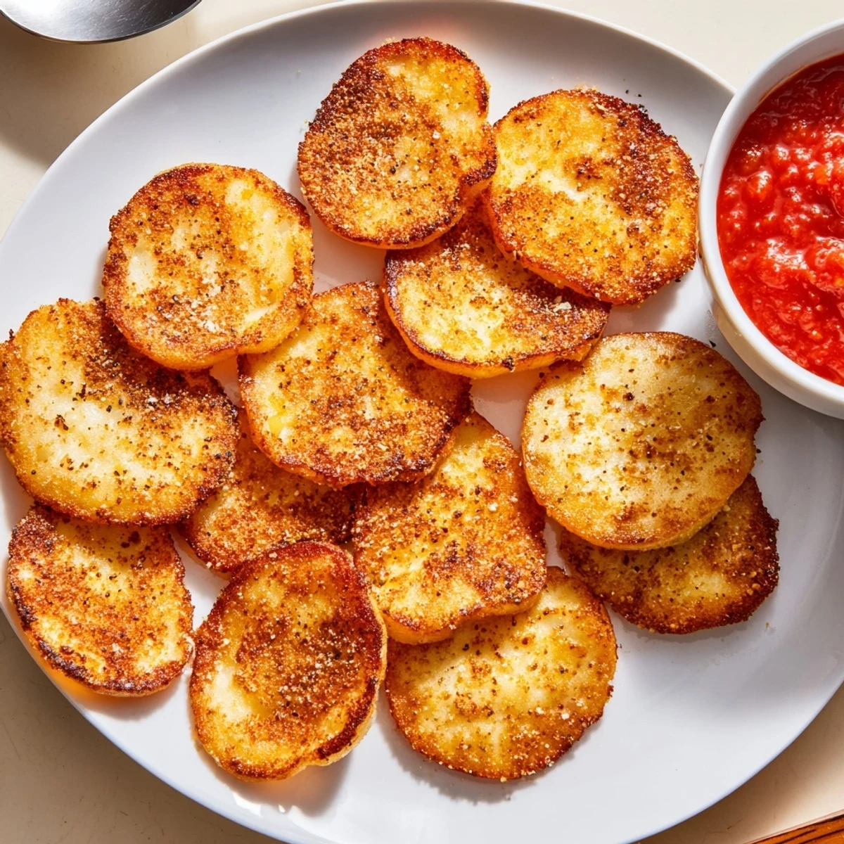 Golden crispy cottage cheese chips seasoned with smoked paprika on a parchment-lined baking sheet