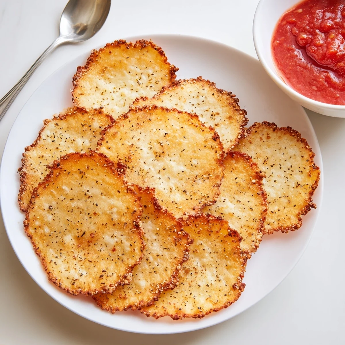 Savory cottage cheese chips with golden brown edges cooling on parchment paper for snacking
