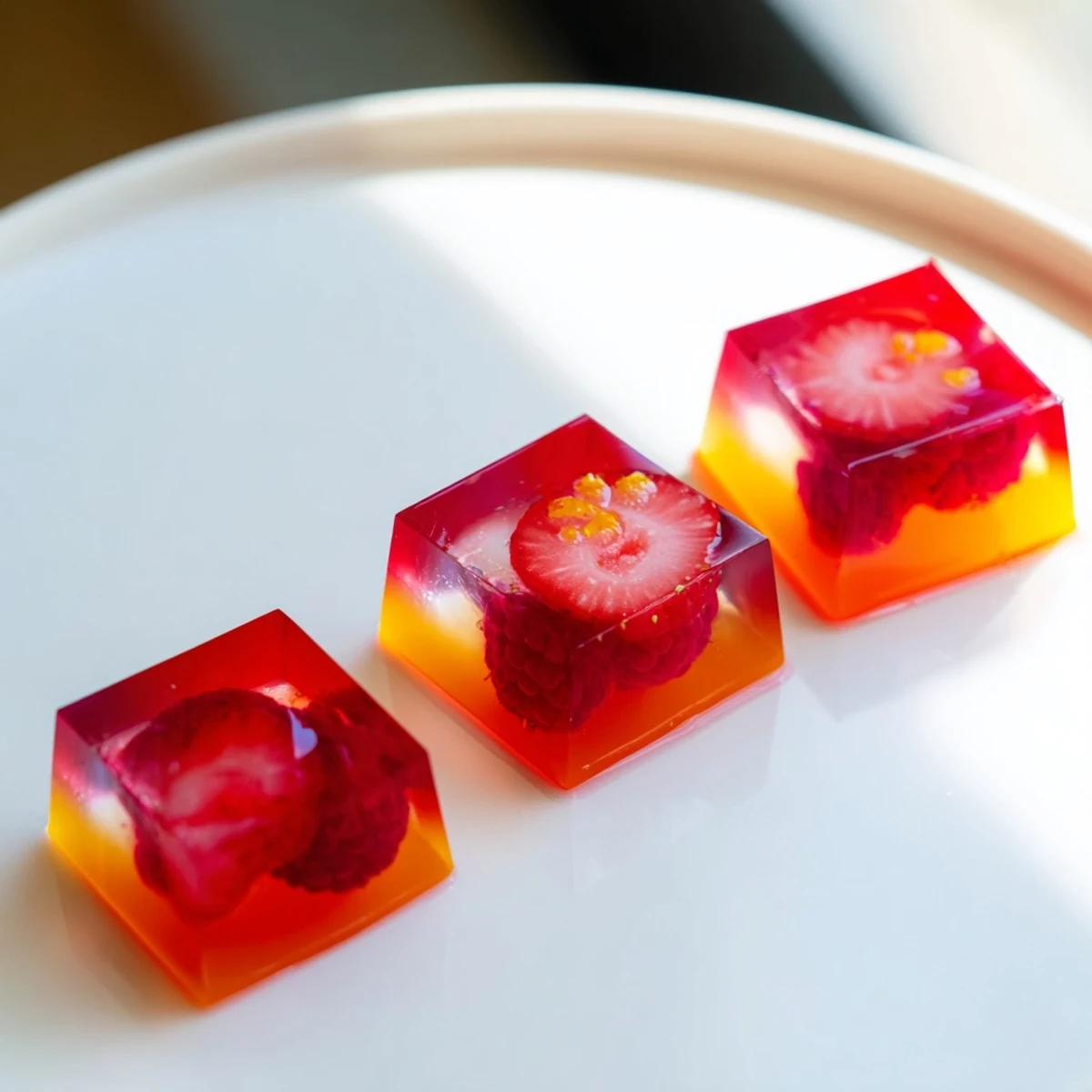 Glossy collagen fruit jellies in vibrant molds topped with fresh berries