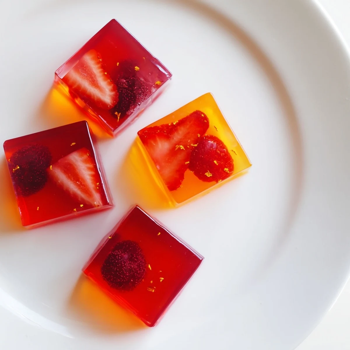 Translucent collagen fruit jellies glistening with citrus zest and juicy berry garnish