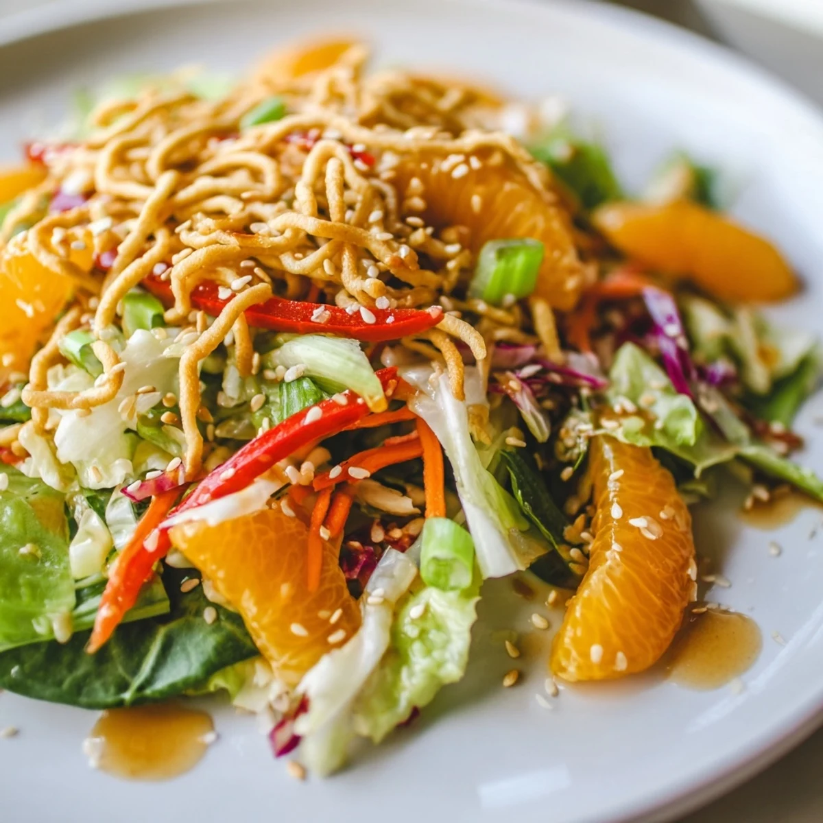 Bright Mandarin Sesame Crunch Salad with glistening orange segments and golden toasted noodles