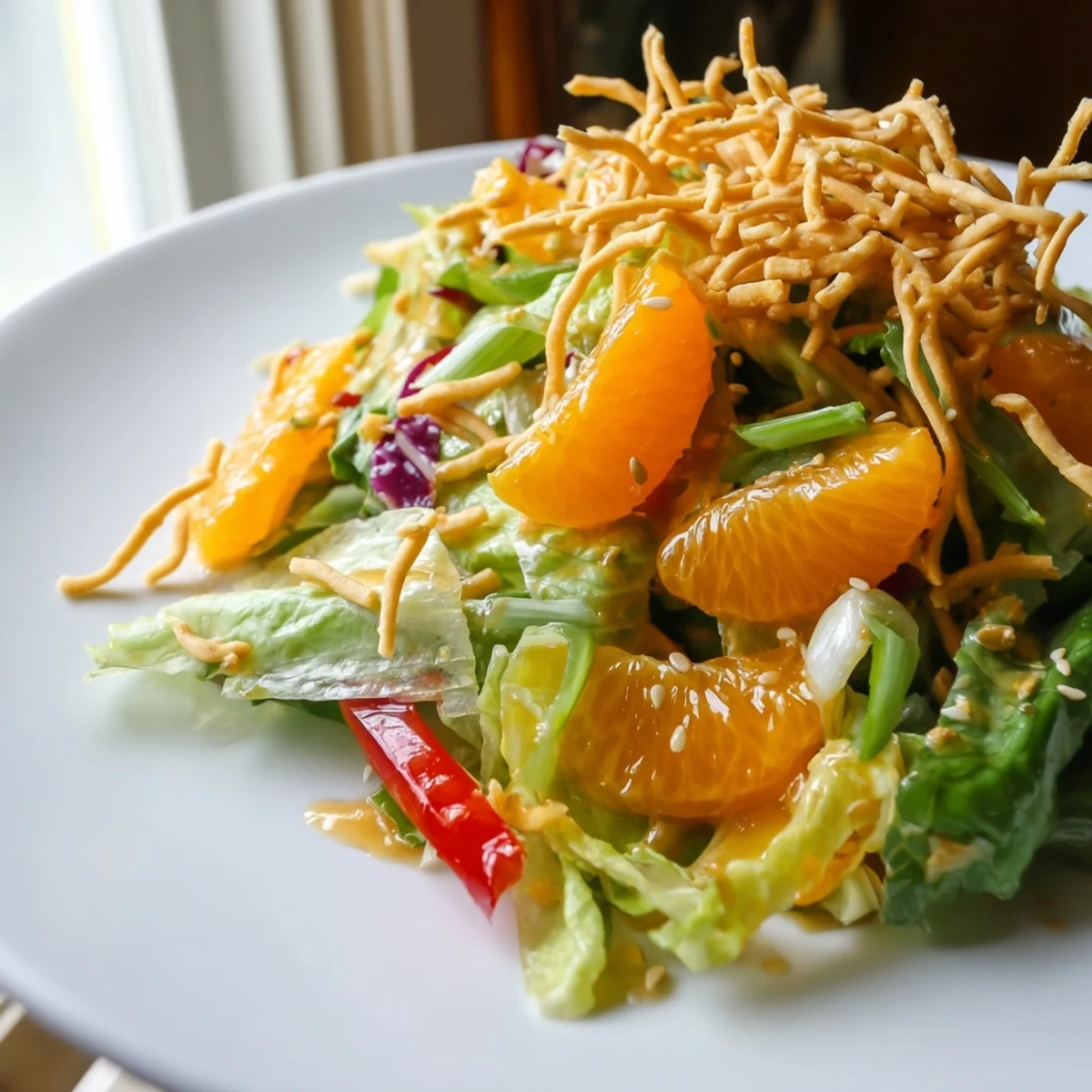 Crunchy Mandarin Sesame Crunch Salad topped with sugared sesame seeds in a tangy bowl