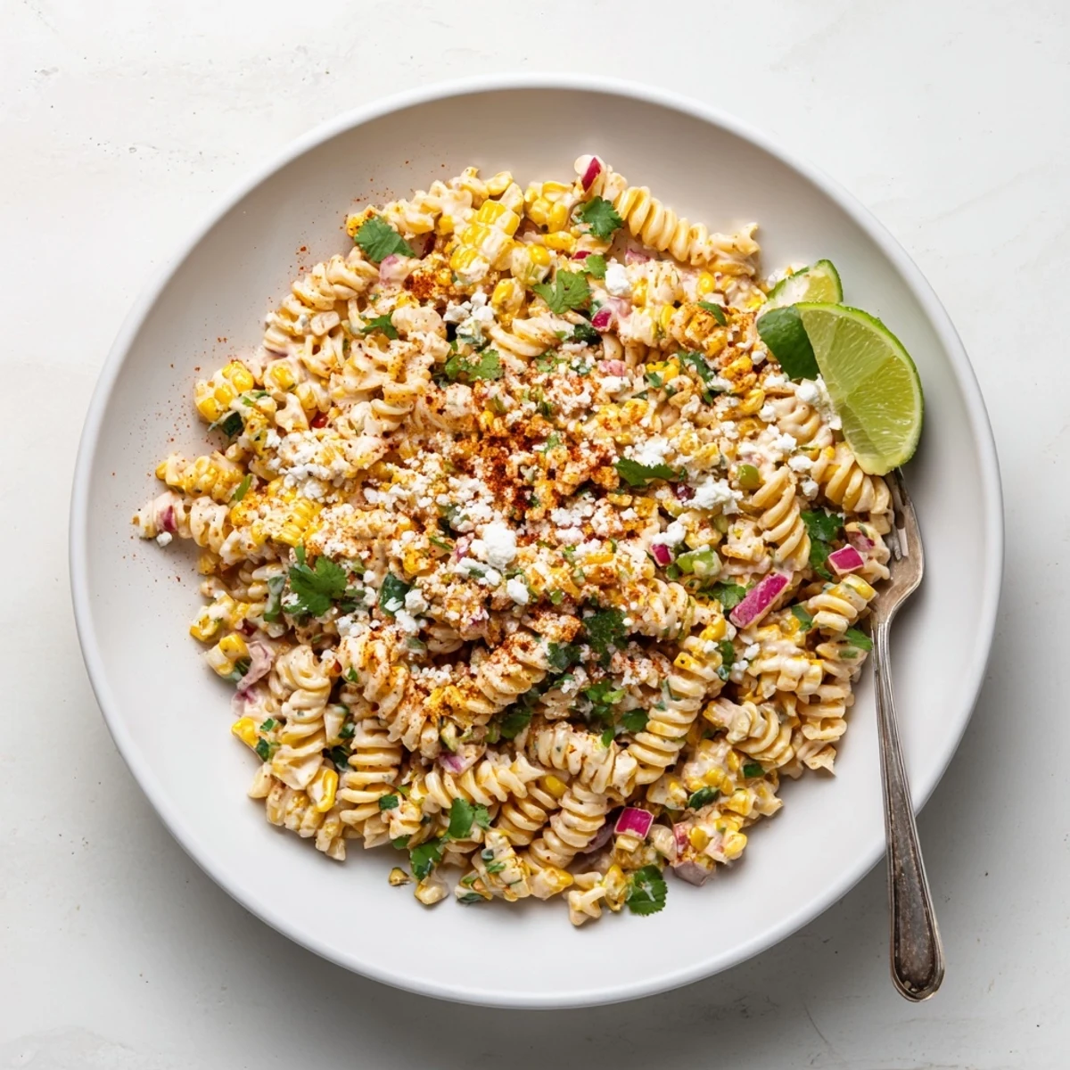 Charred corn and tender rotini tossed in a zesty creamy dressing in this Elote Street Corn Pasta Salad