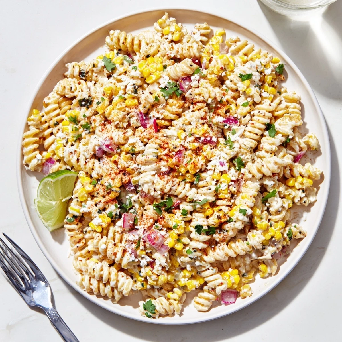 Creamy Elote Street Corn Pasta Salad topped with crumbled Cotija cheese and fresh cilantro