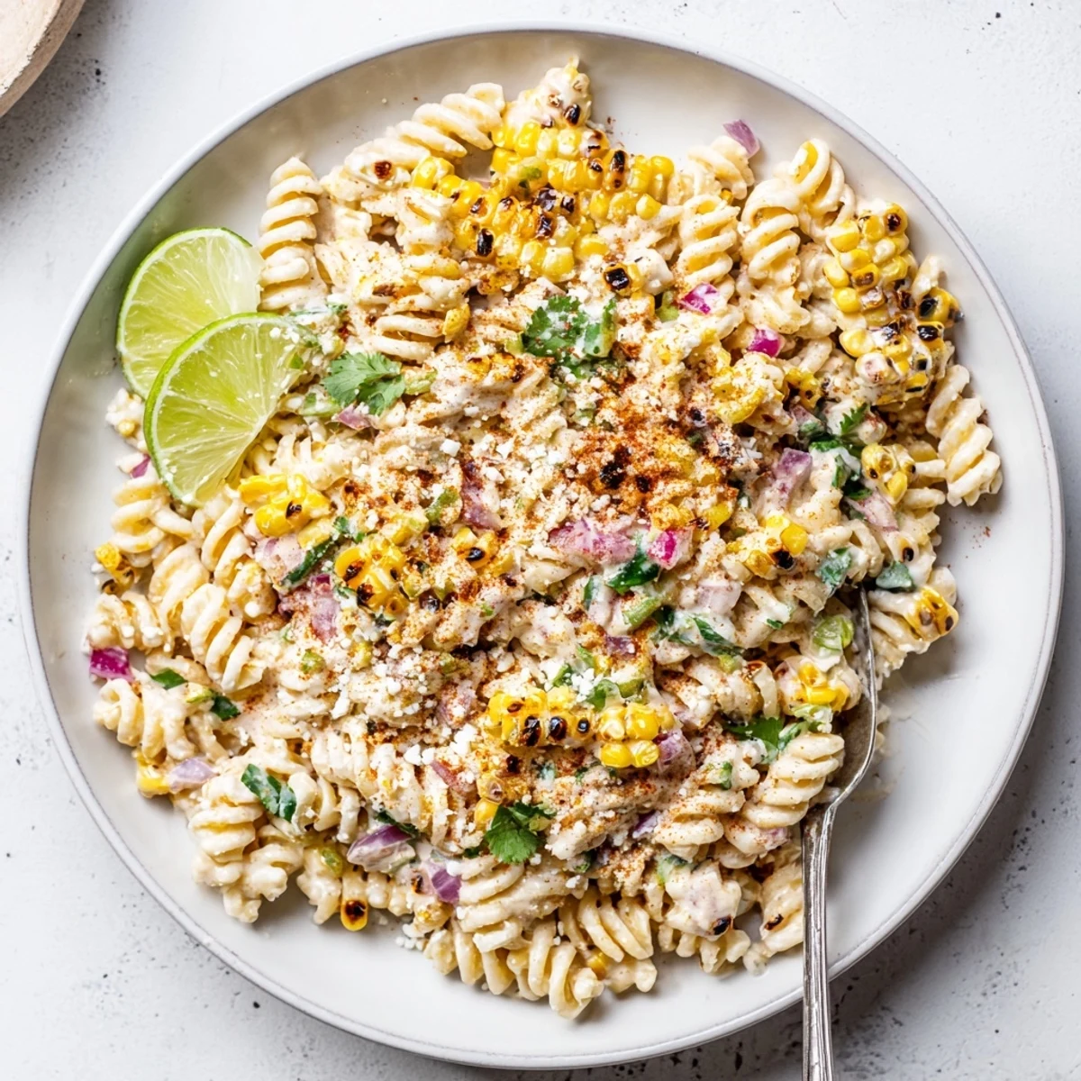 Vibrant Elote Street Corn Pasta Salad served in a bowl with lime wedges and a chili powder garnish