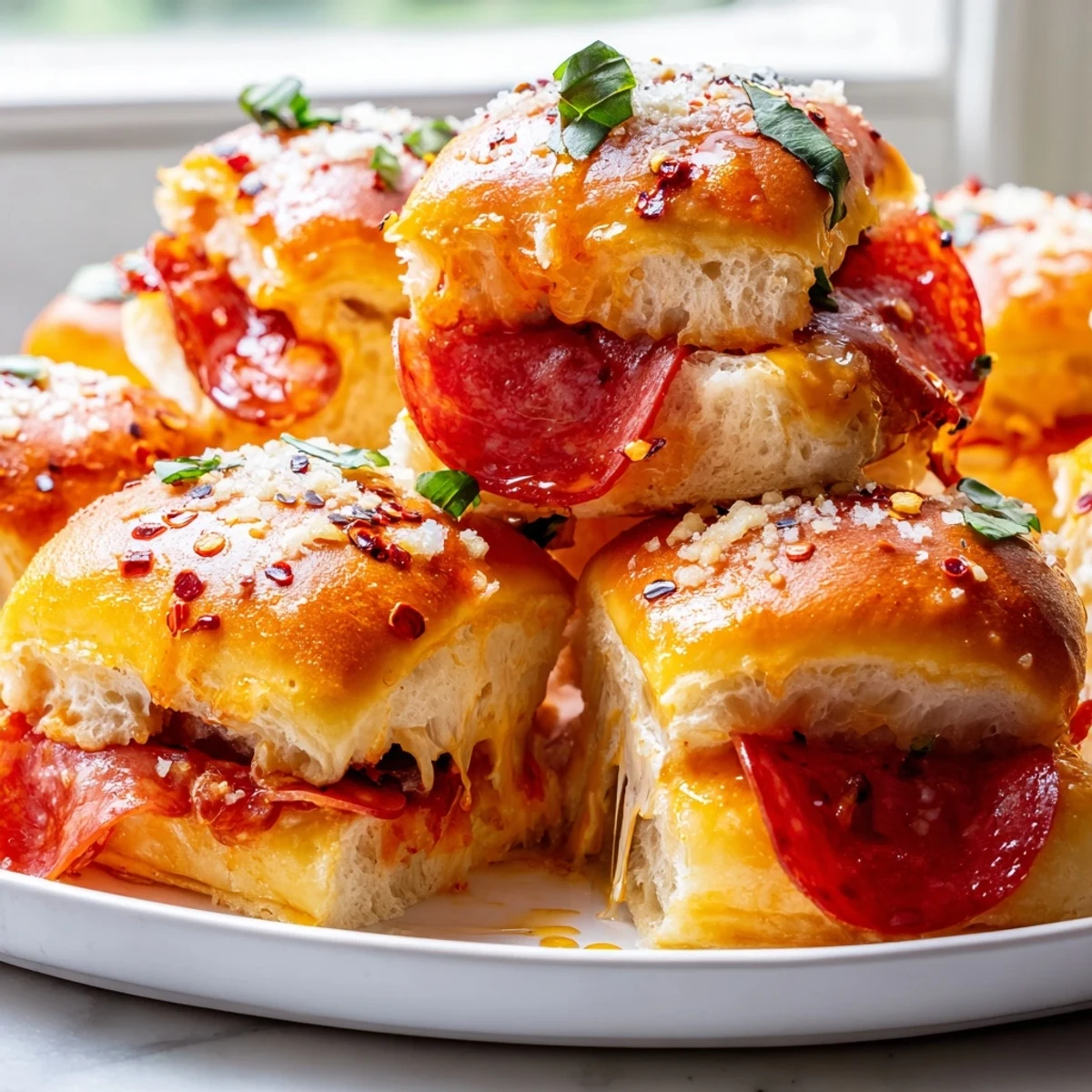 Golden hot honey pepperoni pizza sliders with bubbling mozzarella and fresh basil garnish