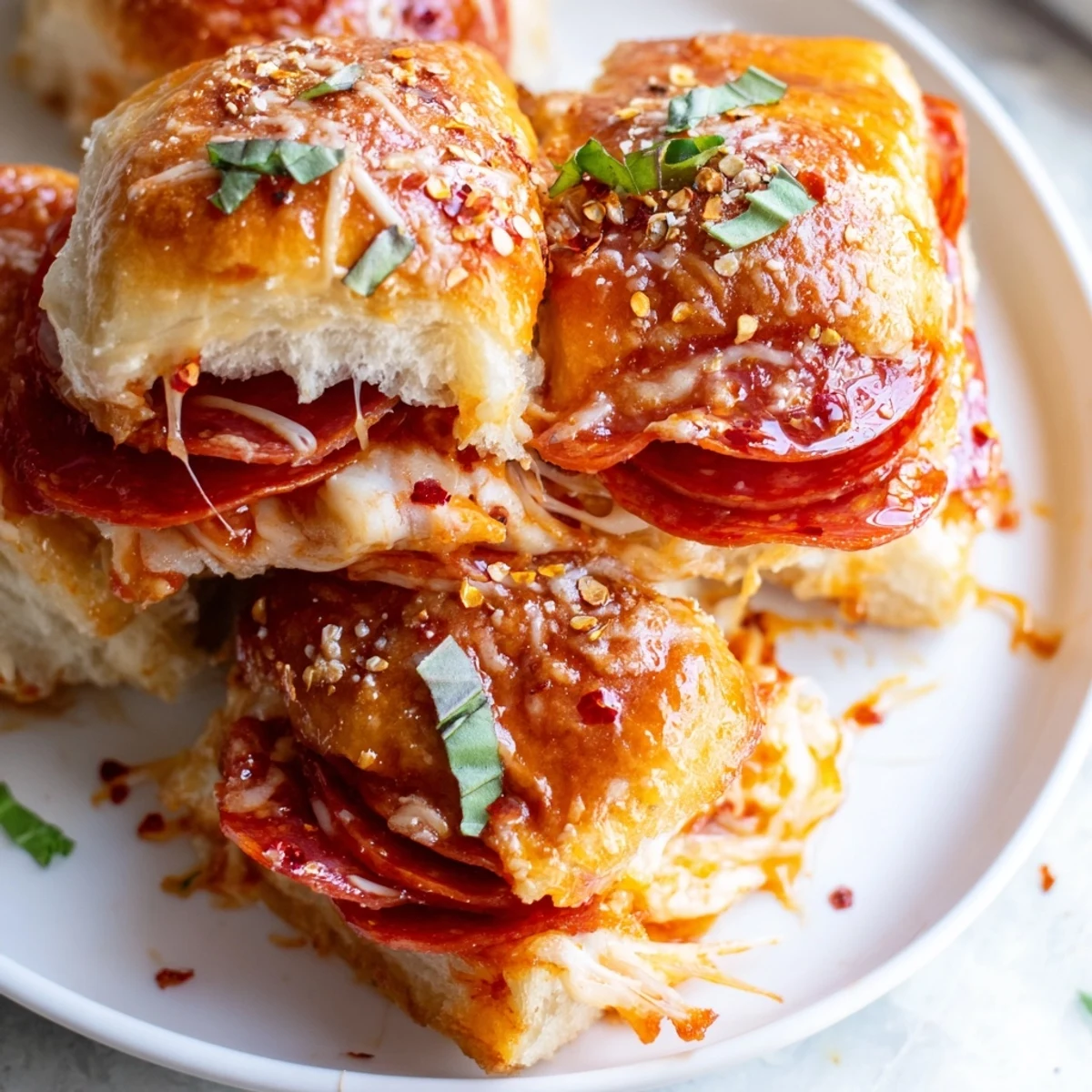 Crusty slider rolls stuffed with pepperoni, melted cheese, and glistening sweet-hot honey glaze