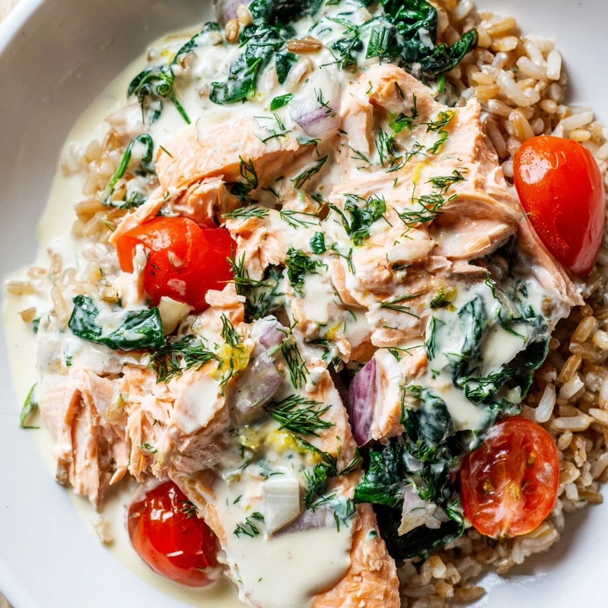 Creamy leftover salmon recipe served in a golden skillet with fresh spinach and tomatoes