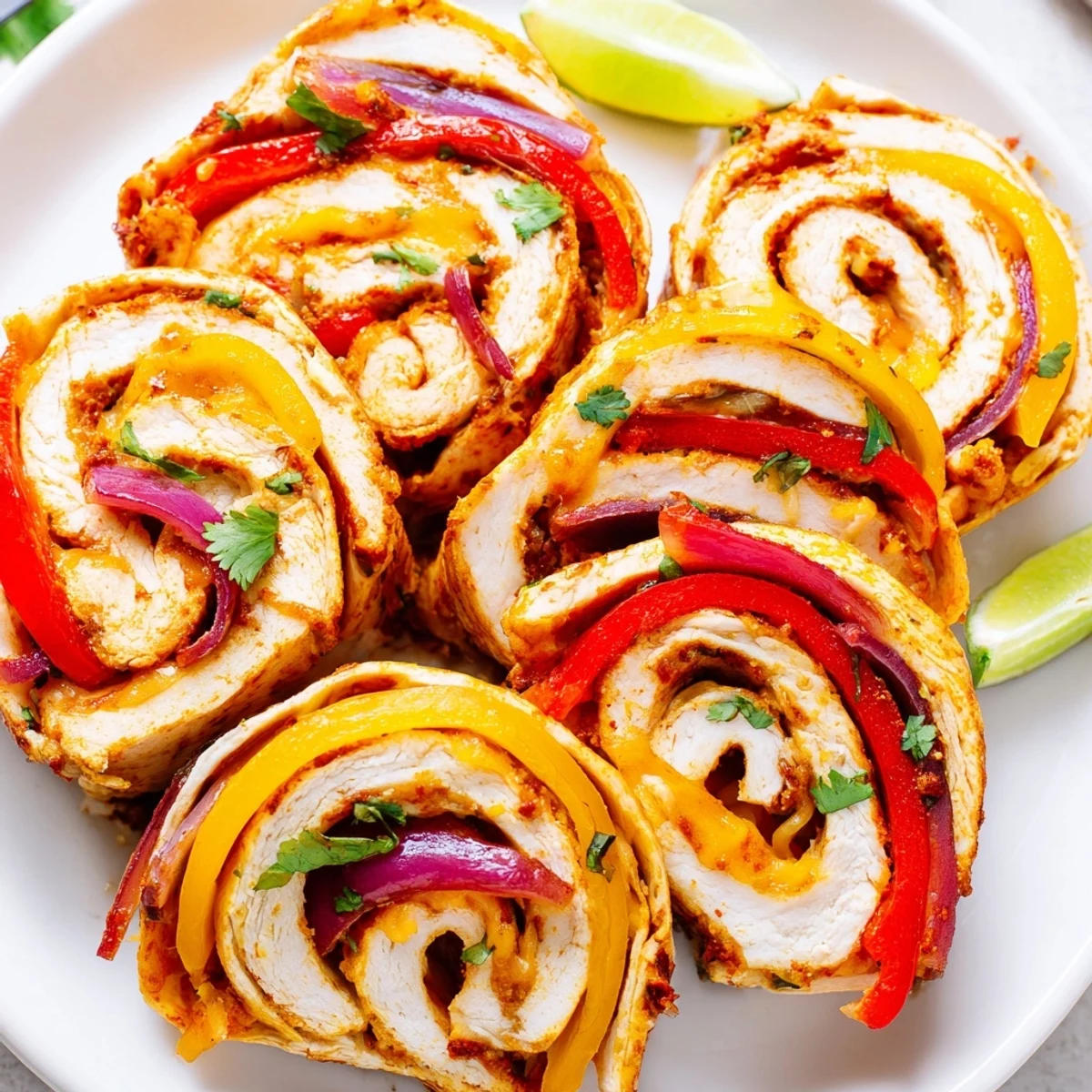 Golden baked chicken fajita roll ups sliced to reveal melted cheese and colorful peppers