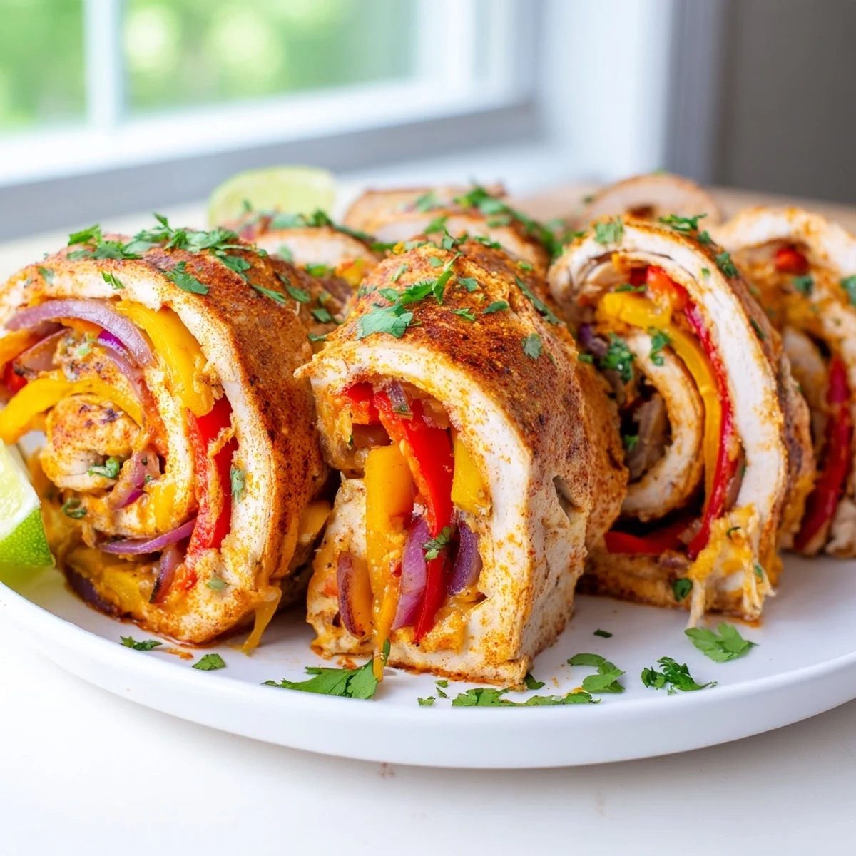 Juicy baked chicken fajita roll ups garnished with fresh cilantro and lime wedges
