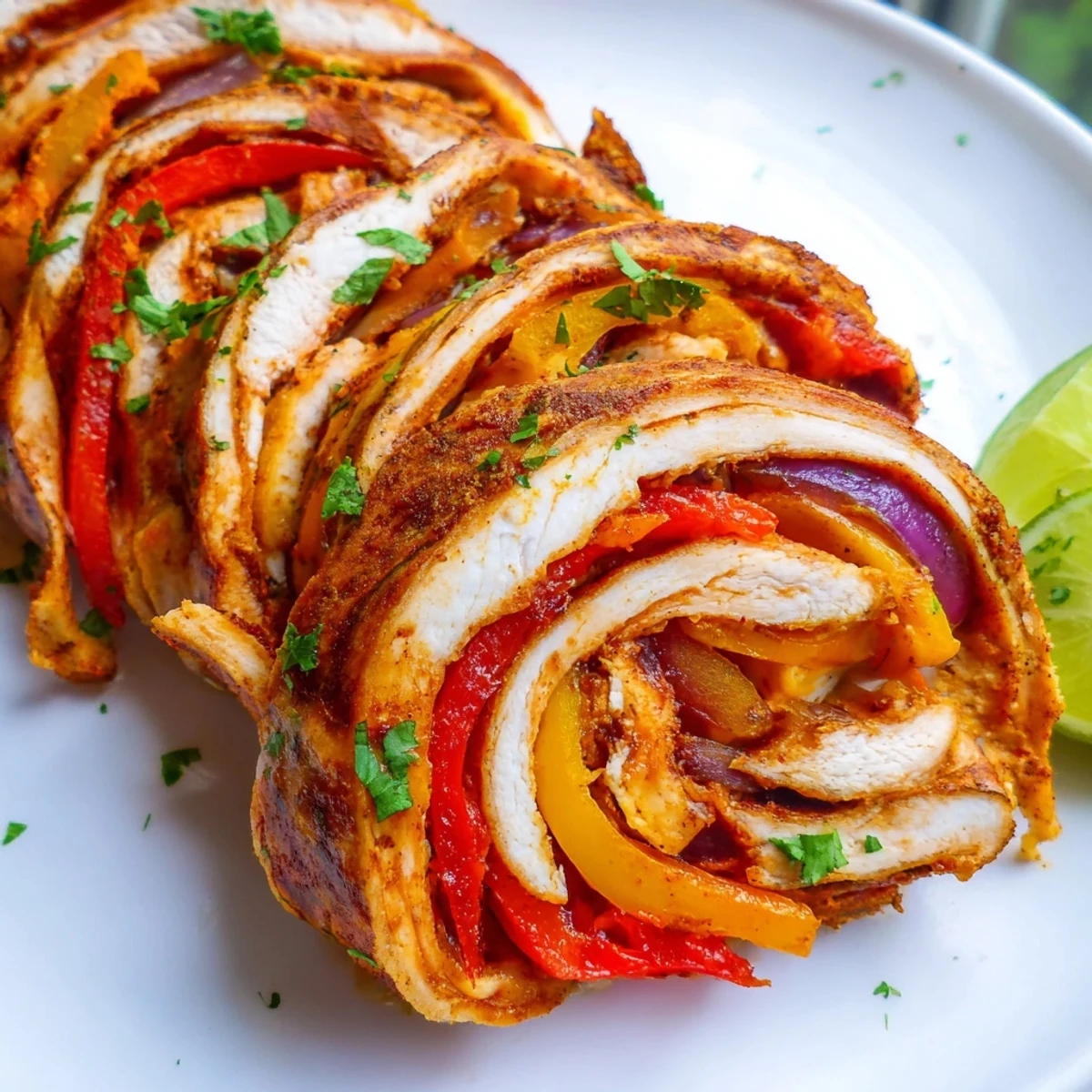 Spicy baked chicken fajita roll ups arranged on a dish with vibrant bell peppers