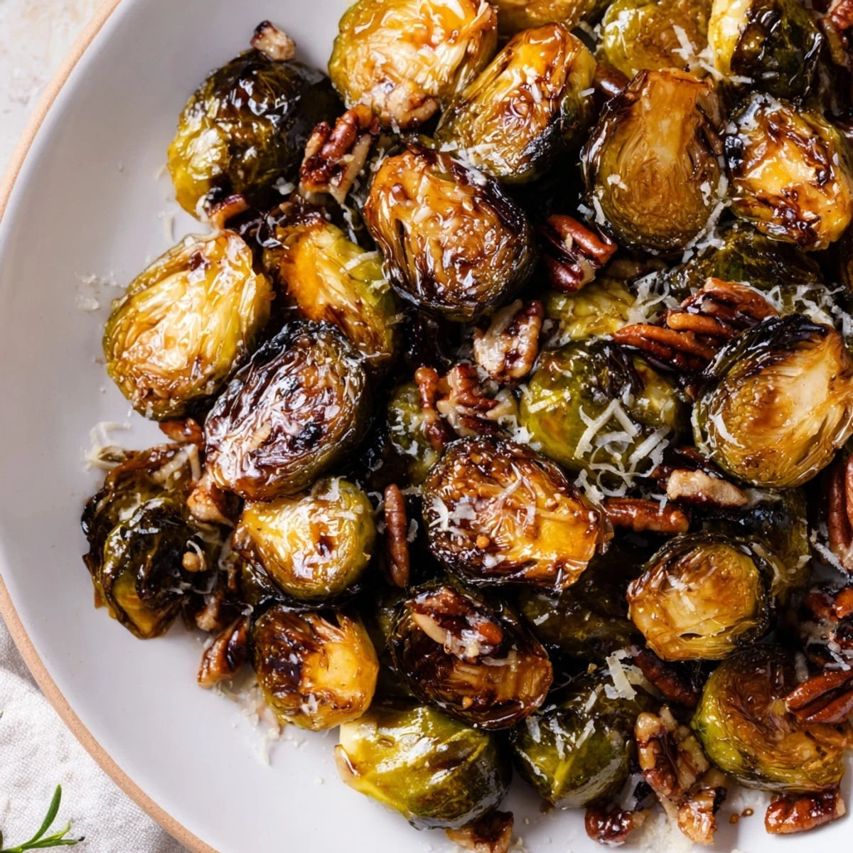 Crispy honey balsamic Brussels sprouts roasted golden with a sweet caramelized glaze