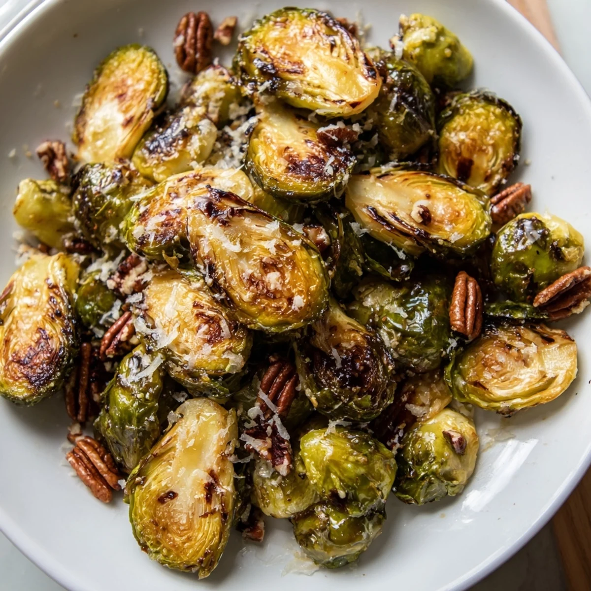 Golden roasted honey balsamic Brussels sprouts garnished with toasted pecans on a ceramic platter