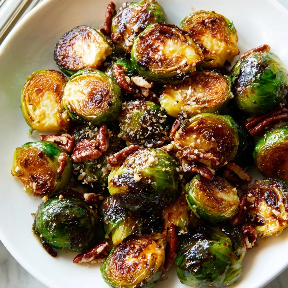 Honey balsamic Brussels sprouts glistening on a sheet pan with charred edges
