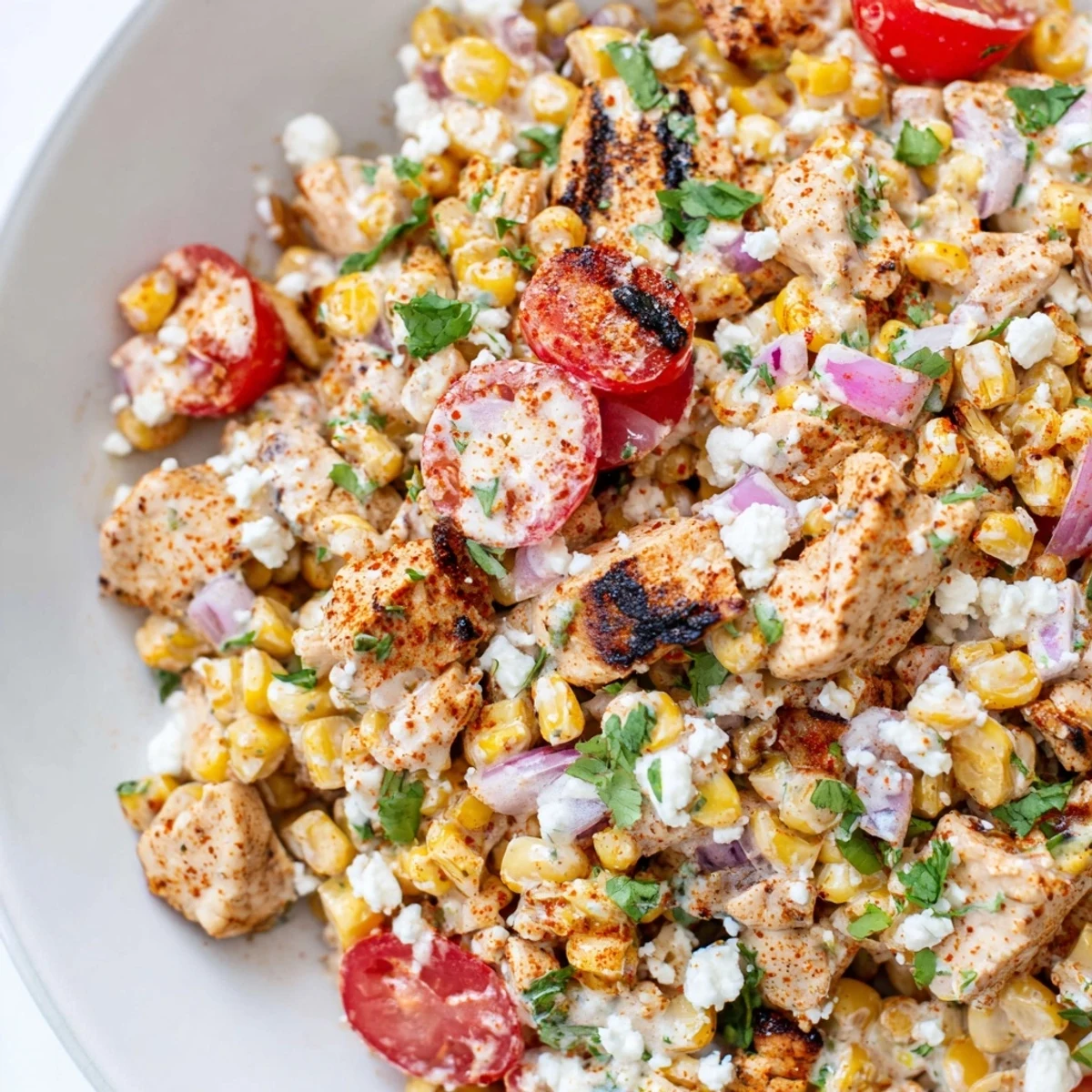 Creamy chicken street corn salad topped with crumbled cotija cheese and fresh cilantro