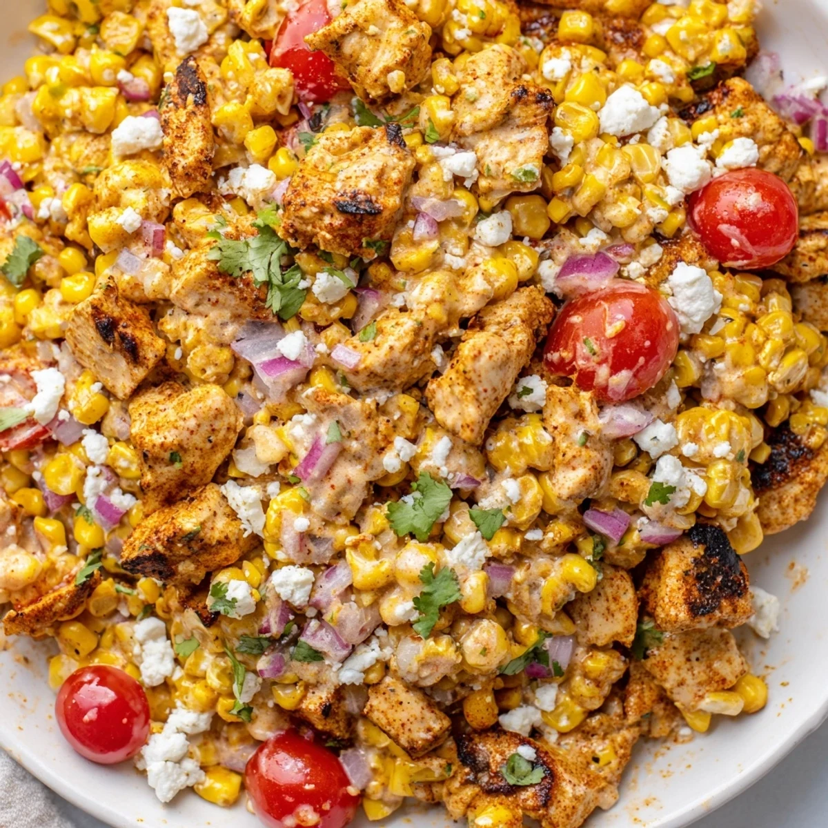 Charred corn and grilled chicken street corn salad drizzled with tangy lime yogurt dressing