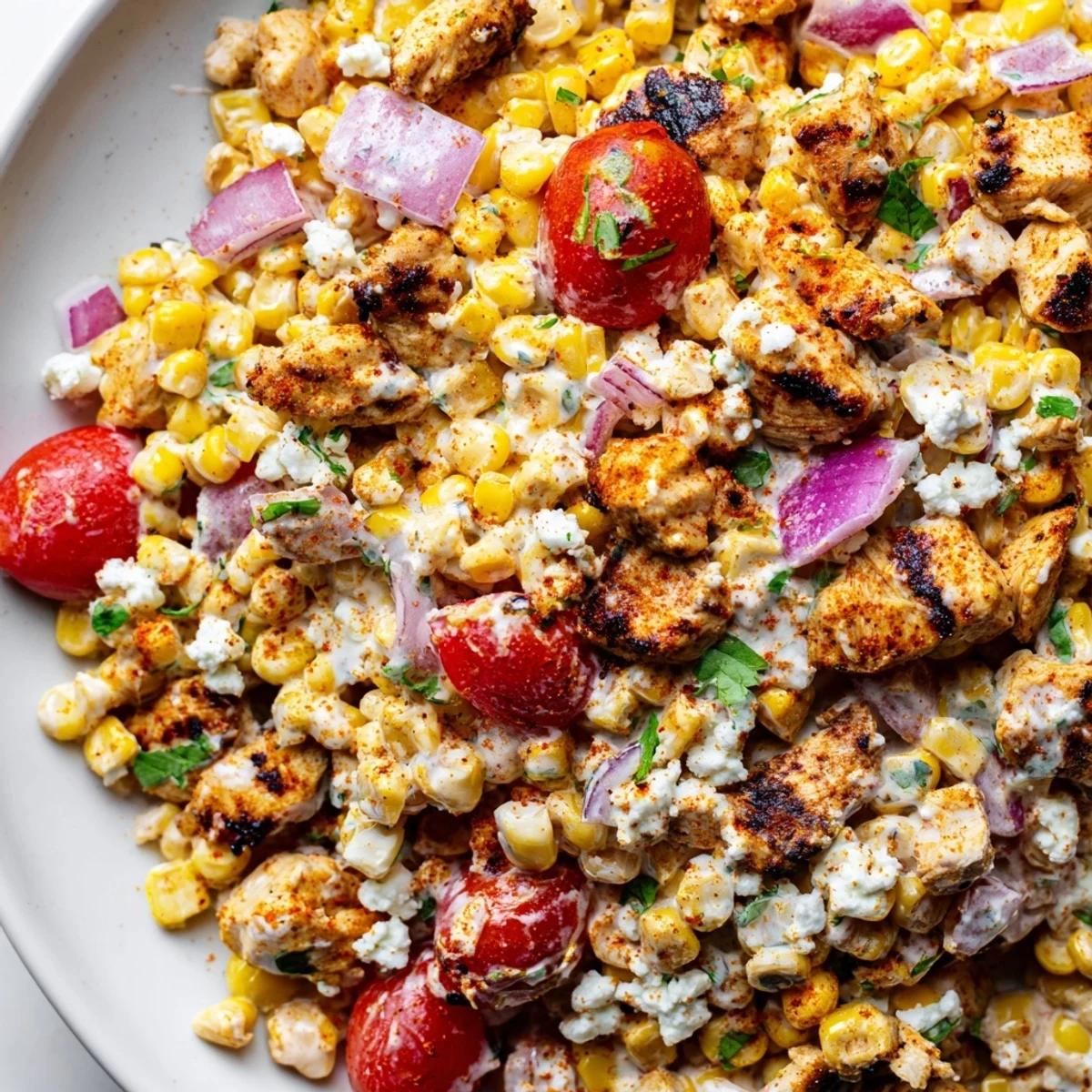 Colorful chicken street corn salad in a bowl with juicy grilled chicken and cherry tomatoes