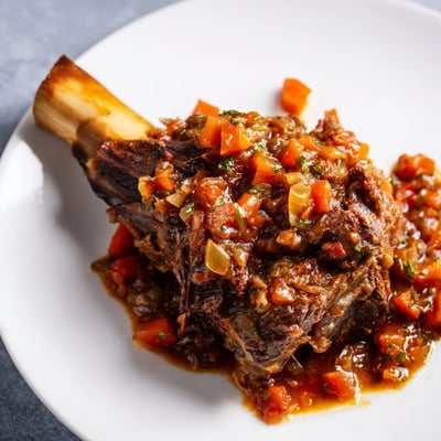 Golden brown lamb shanks braised in a rich tomato herb sauce, simmered slowly until the meat is fork-tender.