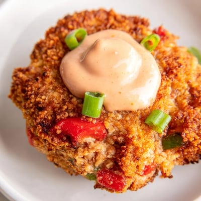 Freshly fried Spicy Tuna Cakes on a white plate with a creamy Sriracha mayo dipping sauce and lime wedges.