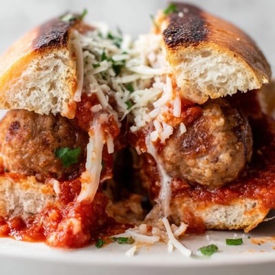 A close-up view of a warm Turkey Meatball Sub, with fresh parsley garnish and sauce dripping from the toasted, buttery bread.