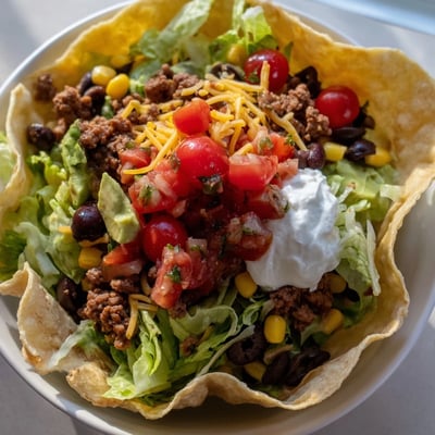 Freshly baked tortilla bowl filled with hearty beef, black beans, corn, and shredded cheddar cheese.