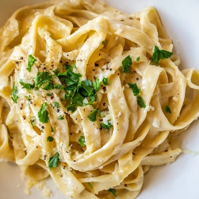Steaming skillet of Creamy Garlic Pasta with Fresh Parsley, chopped herbs sprinkled over cheesy, garlicky cream sauce.