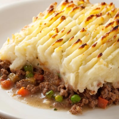 A hearty slice of Beef Shepherds Pie with Peas and Carrots reveals layers of seasoned ground beef and bright vegetables beneath fluffy potatoes.