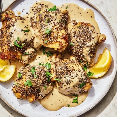 Succulent Zaatar Tahini Chicken Thighs served with lemon wedges and toasted sesame seeds.
