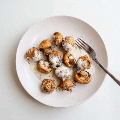 A close-up of crispy Chicken Fried Mushrooms with Gravy piled high on a white plate, steam rising, garnished with fresh parsley and black pepper.