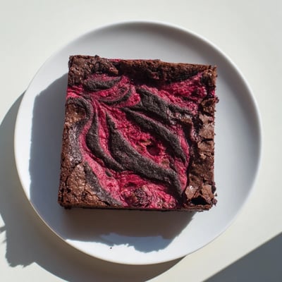 Moist Raspberry Swirl Brownies on a plate beside fresh berries and a glass of cold milk.