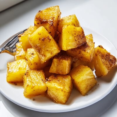 Sweet cinnamon-dusted air fryer pineapple chunks served warm over creamy vanilla yogurt